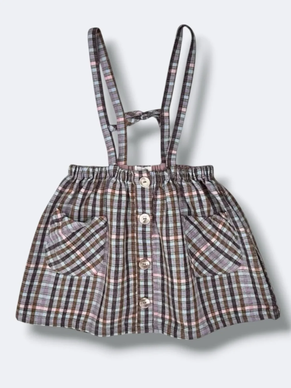 🌻3/$25 Zara Kids Suspender Skirt Girls 3-4 Plaid Button Strap Cotton Blend Woven